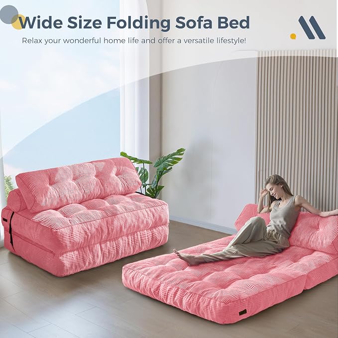 MAXYOYO Folding Sofa Bed, Convertible Chair with Pillow Foldable Couch with Back Support, Portable Fold Out Chair Bed Comfy Floor Sofa Lounge for Living Room Bedroom, Pink Double