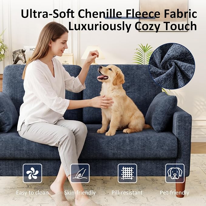 Vipbear 48" Loveseat Sofa,Modern Small Couches for Small Spaces,Blue Chenille Love Seat Couch for Living Room,Bedroom,Apartment,Office,Deep Seat,Throw Pillow,Side Pockets,Square Armrest