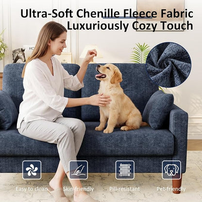 Vipbear 48" Loveseat Sofa,Modern Small Couches for Small Spaces,Blue Chenille Love Seat Couch for Living Room,Bedroom,Apartment,Office,Deep Seat,Throw Pillow,Side Pockets,Square Armrest