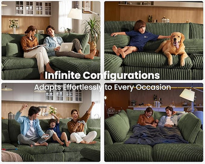 115" Oversized Corduroy Couch Modular Sectional Sofa, Washable Cloud Couch Sectional with 3 Ottoman, 6 Seater Sectional Couches for Living Room, Fully Cover Removable, Sleeper Sofa, Corduroy, Green