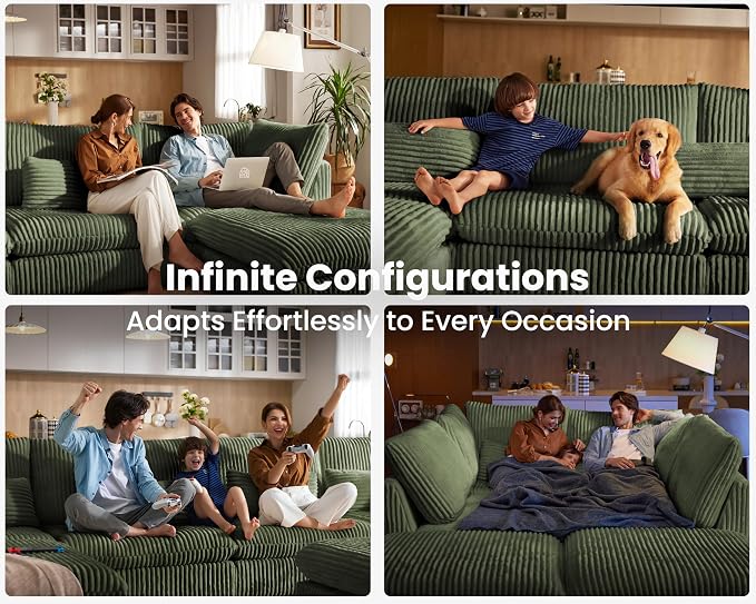 115" Oversized Corduroy Couch Modular Sectional Sofa, Washable Cloud Couch Sectional with 2 Ottoman, 5 Seater Sectional Couches for Living Room, Fully Cover Removable, U Shaped, Corduroy, Green