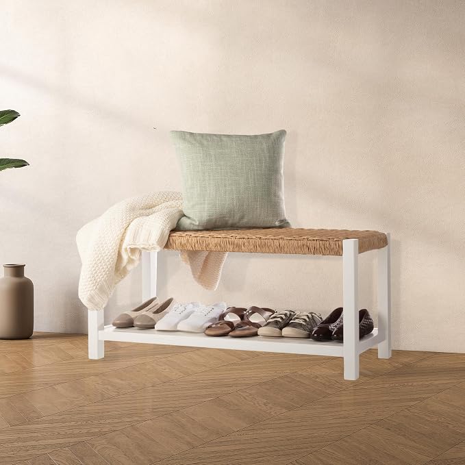 Alaterre Furniture Bench with Handcrafted Woven Rope Seat - Newport Collection 40-Inch Wood Bench with Storage Shelf for Entryway or Hallway - Indoor Furniture (White)