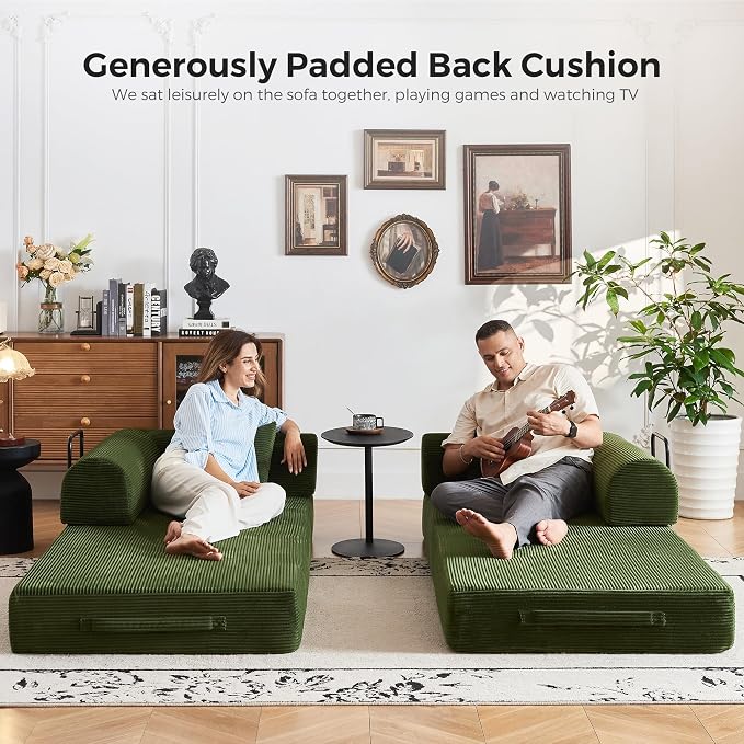 79" 5-in-1 Convertible Sofa Bed No Assembly, Boneless Couch Bed with High Density Foam, Foldable Sleeper Sofa, Corduroy Modular Couch for Apartment, Studio, Dorm Room, Small Space, Olive Green