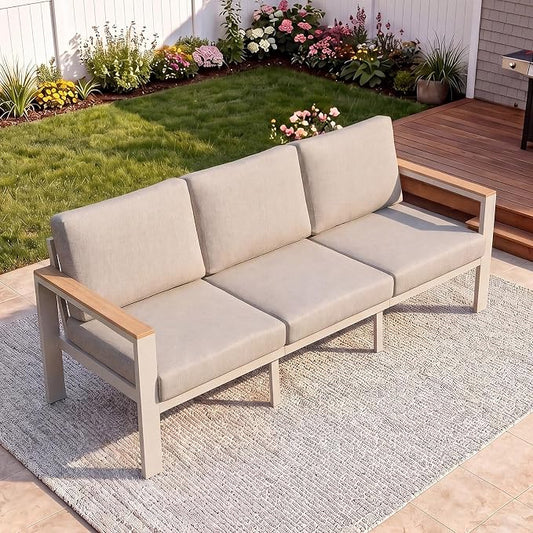 3-Seat Aluminum Outdoor Sofa, 1-Piece Powder-Coated Patio Sectional Sofa with 1.5mm Thick Frame, Anti-Hot Armrest & Waterproof Removable Cushions, Large Outdoor Couch for Backyard Courtyard Beige
