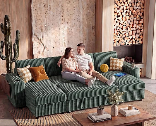 WEUP 108" Modular Sectional Sleeper Sofa with Pull Out Bed, 4 Seat Plush Corduroy U Shaped Couch with USB Ports|Cup Holders|Side Table|Storage Chaise Armrests, Tool Free Assembly, Green