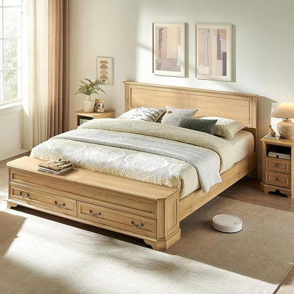 T4TREAM Farmhouse King Bed with Headboard and Storage Bench, Rustic Wood Platform Bed with 80" Storage Chest w/ 4 Large Drawer (Natrual Oak)
