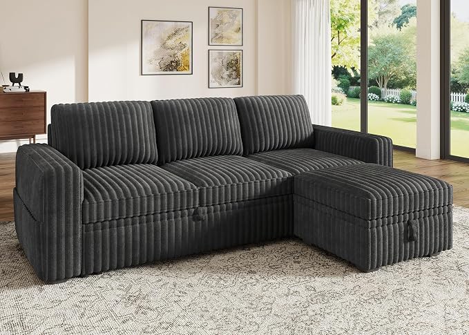 HONBAY Modular Sectional Sofa with Pull Out Bed,Corduroy L Shaped Sleeper Sofa with Storage, Sectional Couches for Living Room,Dark Grey