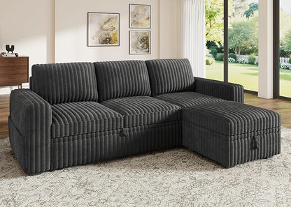 HONBAY Modular Sectional Sofa with Pull Out Bed,Corduroy L Shaped Sleeper Sofa with Storage, Sectional Couches for Living Room,Dark Grey