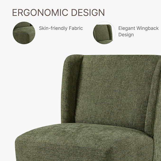 KISLOT Upholstered Dining Chairs Set of 1 with Casters, Wingback Modern Side Armless Deskchair with Rollers for Diningroom Bedroom Livingroom Reading Room, Green Fabric
