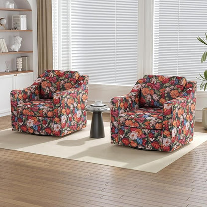 Swivel Accent Chairs Set of 2, 360° Swivel Upholstered Club Armchairs for Living Room, Comfy Fabric Single Sofa Reading Chair with Deep Seat, Metal Swivel Base, Black Floral