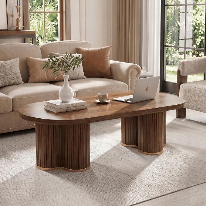 YOSHOOT Oval Fluted Coffee Tables for Living Room, 47" Wood Coffee Table | Modern Coffee Table for Living Room Home Office, Farmhouse Center Table, Walnut