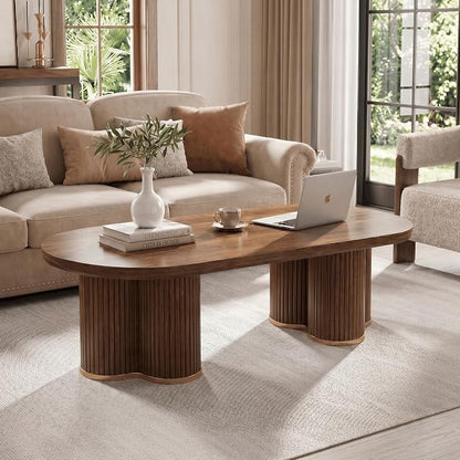 YOSHOOT Oval Fluted Coffee Tables for Living Room, 47" Wood Coffee Table | Modern Coffee Table for Living Room Home Office, Farmhouse Center Table, Walnut