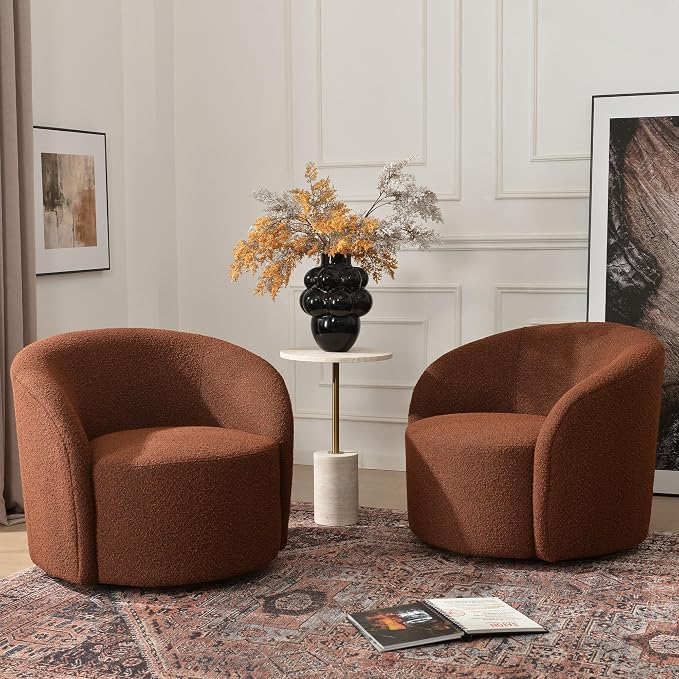 KINWELL 34" W Swivel Barrel Chair Set of 2, Mid Century Modern Round Upholstered Boucle Swivel Accent Chairs, No Assembly Sofa Chair for Living Room Bedroom Reading, Brown
