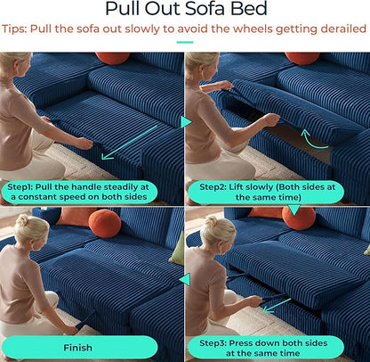 LINSY HOME Pull Out Sofa Bed Sectional Sleeper Sofa with Storage, Plush Corduroy Pullout Modular Sectional Couches for Living Room, L Shaped Convertible Couch Bed for Apartment (Blue)