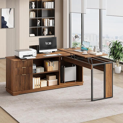 L Shaped Desk with Lift Top & Power Outlets, 63'' x 55'' Executive Computer Desk with 3 Fluted Drawers, Storage Shelves, CPU Stand, Industrial Standing Desk for Office (Schatt Walnut)