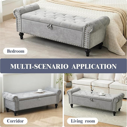 55" Storage Bench for Bedroom, Upholstered Ottoman Bench Chenille LightGray | End of Bed Bench for Bedroom, Window Benches for Living Room, Entryway, Ottoman with Large Storage Space, Pet Friendly