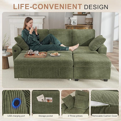 Hanherry 81" Sectional Couch with Pull Out Bed,3 Seat Corduroy Sleeper Sofa with Storage Ottoman & USB Charging,Comfy L Shaped Modular Couches for Living Room,Apartment