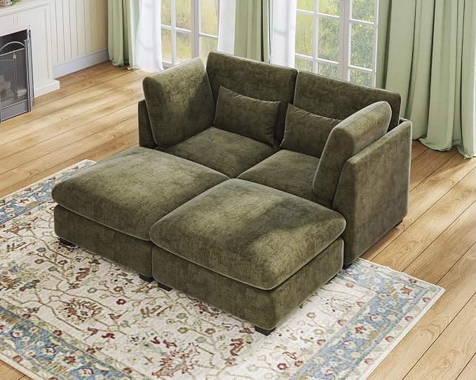 77" Oversized Chenille Couch Modular Sectional Sofa, Washable Cloud Couch Sectional with 2 Ottoman, 4 Seater Sectional Couches for Living Room, Fully Cover Removable, Chaise Lounge, Chenille, Green