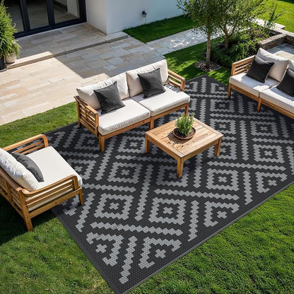 GENIMO Outdoor Rugs 8'x10' Waterproof, Reversible Mats, Area Plastic Straw Rug, Outside Carpet, Geometric Rv Mat for Patio Camping Rv Picnic Backyard Deck Balcony Porch Beach Trailer (Black & Grey)