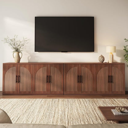 MapleGrace 63" Fluted Buffet Cabinet with Storage, Mid-Century Symmetrical Arched Sideboard Credenza with Adjustable Shelf, Large Wood Console Table for Dining Room, Kitchen, and Living Room (Walnut)