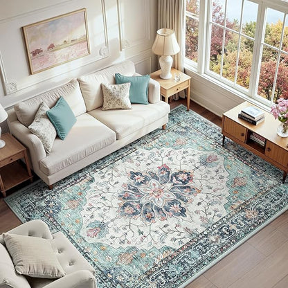 RELEANY Area Rugs 6'x9' Washable Non-Slip, Floral Vintage Distress Medallion Carpet for Living Room Bedroom Dining Room, Green Navy Blue White Red Teal