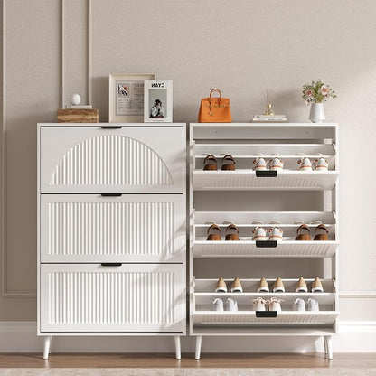 BORNOON Shoe Cabinet for Entryway with 3 Flip Drawers, Slim Wooden Shoe Storage Organizer with Modern Fluted Pannel，Freestanding Narrow Hidden Shoe Rack for Hallway, Foyer, Living Room