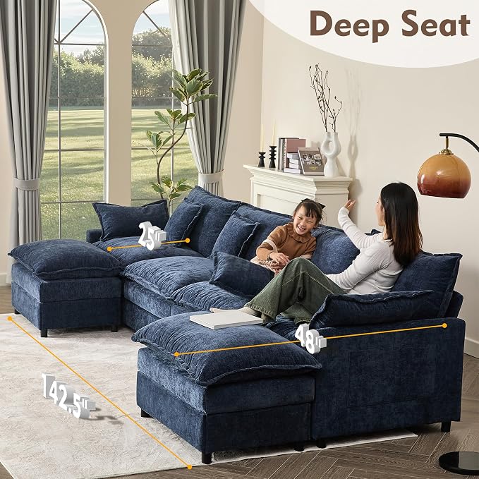 GOSUHI 142.5" U-Shaped Modular Cloud Couch, Deep Seat, Chenille Navy | Cloud Comfort, Couches for Living Room, Removable & Machine-Washable Covers, Movable Ottoman, Modular Sectional Sofa
