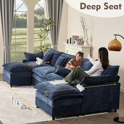 GOSUHI 142.5" U-Shaped Modular Cloud Couch, Deep Seat, Chenille Navy | Cloud Comfort, Couches for Living Room, Removable & Machine-Washable Covers, Movable Ottoman, Modular Sectional Sofa