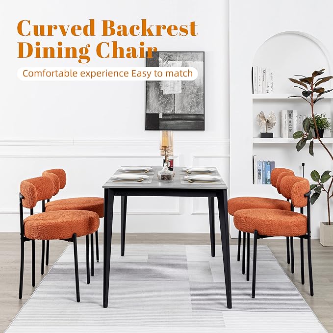 DYHOME Mid-Century Modern Dining Chairs Set of 2, Boucle Dining Chairs Upholstered with Black Metal Legs, Curved Backrest Kitchen Dining Room Chairs, Orange
