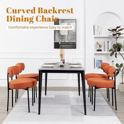DYHOME Mid-Century Modern Dining Chairs Set of 2, Boucle Dining Chairs Upholstered with Black Metal Legs, Curved Backrest Kitchen Dining Room Chairs, Orange