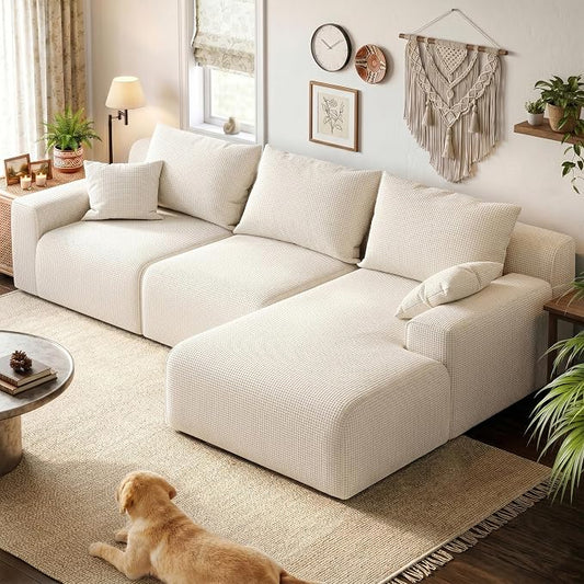 Homkdom 98" Boneless Modular Sectional Sofa, Cloud Couch with 27" Deep Seat & Oversized Chaise, L-Shaped High-Density Foam Sofa for Living Room, No Assembly Required (White-Check, Right Facing)