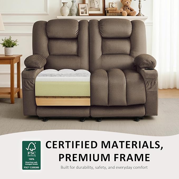 MCombo 55.9" Zero Gravity Power Loveseat Recliner with Heat and Vibration Massage, Reclining Loveseat Sofa with USB Ports, Cup Holders for Living Room, Fabric PR648SET (Dark Brown)