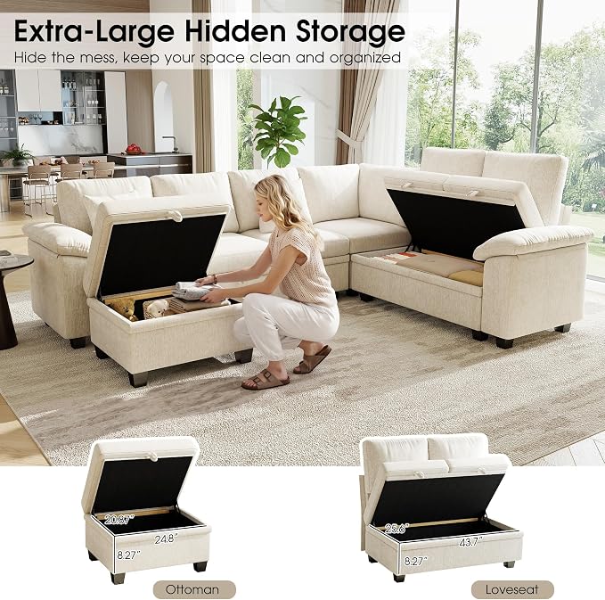 107.8" Modular Sectional Sleeper Sofa with Pull Out Bed, U Shaped 7 Seat Couch with 221L Storage, Convertible Cloud Couch Bed with Ottoman, Sectional Couches for Living Room, Apartment (Beige)