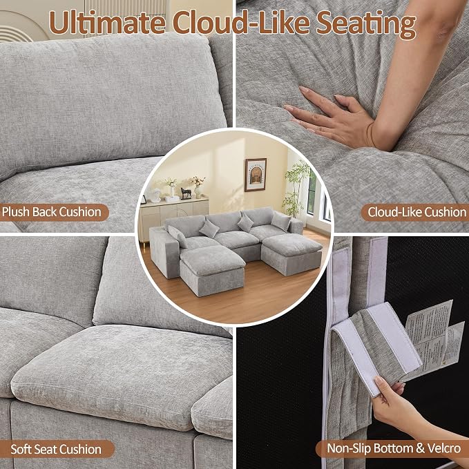 115'' Cloud Boneless Sectional Couch, Modular Sectional Sofa Deep Seat with 2 Ottomans, Oversized Upholstered Convertible Comfy 5 Seater Chenille Sofa U Shape Couches for Living Room, Light Grey