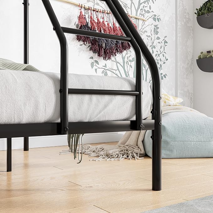 EMKK Twin Over Full Bunk Bed for Adults, Metal Bunk Beds Twin Over Full Size for Teens Dorm Bedroom Guest Room,Heavy Duty Bunk Beds with Ladder and Safety Full Length Guardrail (Black D)