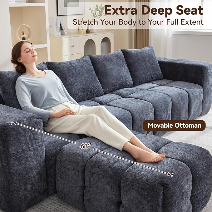 119" Boneless Couch, Oversized Cloud L Shaped Couch, Modular Sectional 4 Seater Sofa with Deep Seat, Modern Sectional Memory Foam Couches for Living Room, Tufted Sofa, No Assembly Required, Blue