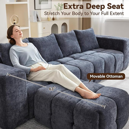 119" Boneless U-Shaped Sofa Couch with 2 Ottoman, 4 Seater Comfy Cloud Sectional Sofa with Deep Seat, Oversized Chenille Memory Foam Sectional Couches for Living Room Bedroom, Blue