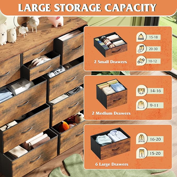 WLIVE Fabric Dresser for Bedroom with 10 Drawers, Chest of Drawers with Side Pockets and Hooks, Sturdy Metal Frame, Drawers Organizer Unit for Living Room, Hallway, Rustic Brown Wood Grain Print