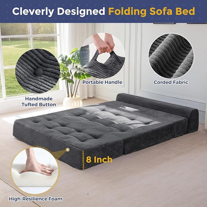 MAXYOYO 8" Folding Sofa Bed, Fold Out Chair Bed, Convertible Floor Sofa Couch, High-Density Foam Tufted Lounge Couch for Living Room Bedroom Dorm, Loveseat, Dark Grey