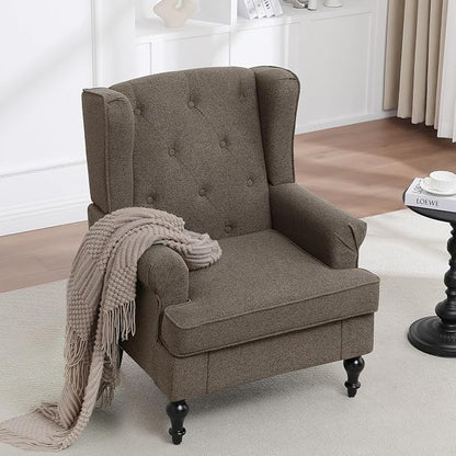 Accent Chair Set of 2, Mid Century Modern Fabric Wingback Chair, Upholstered Armchair with High Back and Vintage Legs, Comfy Single Sofa Side Reading Chair for Living Room Bedroom, Brown