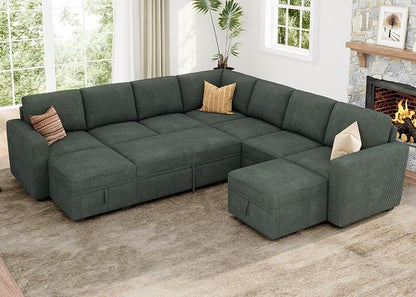 HONBAY Modular Sectional Sleeper Sofa with Pull Out Couch, Corduroy Oversized Sectional Couches Pull Out Bed with U Shaped Sleeper Storage for Living Room - Green