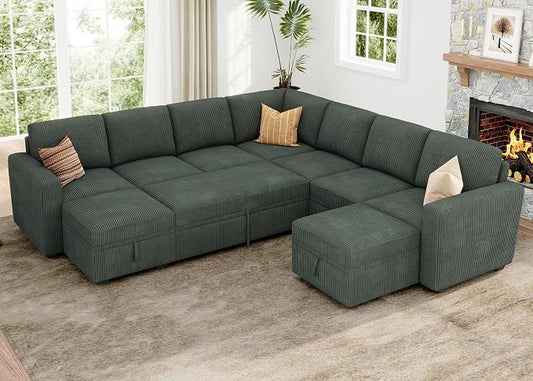 HONBAY Modular Sectional Sleeper Sofa with Pull Out Couch, Corduroy Oversized Sectional Couches Pull Out Bed with U Shaped Sleeper Storage for Living Room - Green
