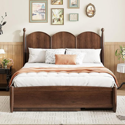 Merax Queen Size Platform Bed with 2 Storage Drawers and Twin XL Size Trundle, Rustic Design Wooden Bed Frame, Walnut