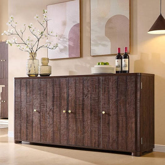 IFGET Curved Buffet Cabinet with Doors, 66" Large Sideboard Buffet Storage Cabinet with 4 Doors and Shleves, Modern Coffee Bar Station Wood Kitchen Table for Kitchen, Dining Room, Borwn