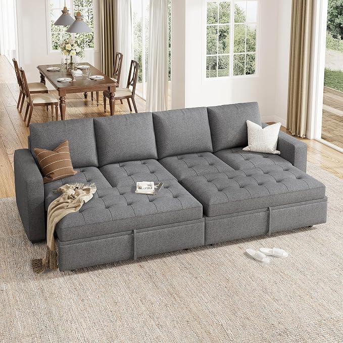 HONBAY Modular Sectional Sleeper Sofa with Pull Out Bed, Linen Convertible Sectional Couches for Living Room,Grey