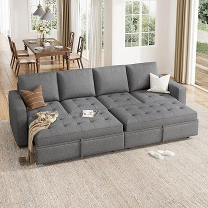 HONBAY Modular Sectional Sleeper Sofa with Pull Out Bed, Linen Convertible Sectional Couches for Living Room,Grey
