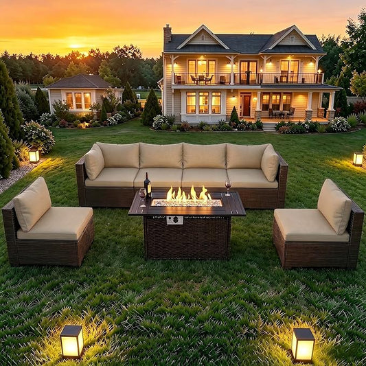 LAFWELL 8-Piece Wicker Patio Conversation Set with 44" Propane Fire Pit Table, Cozy Outdoor Sectional Sofa for Backyard Gatherings, Poolside Lounging & Garden Parties