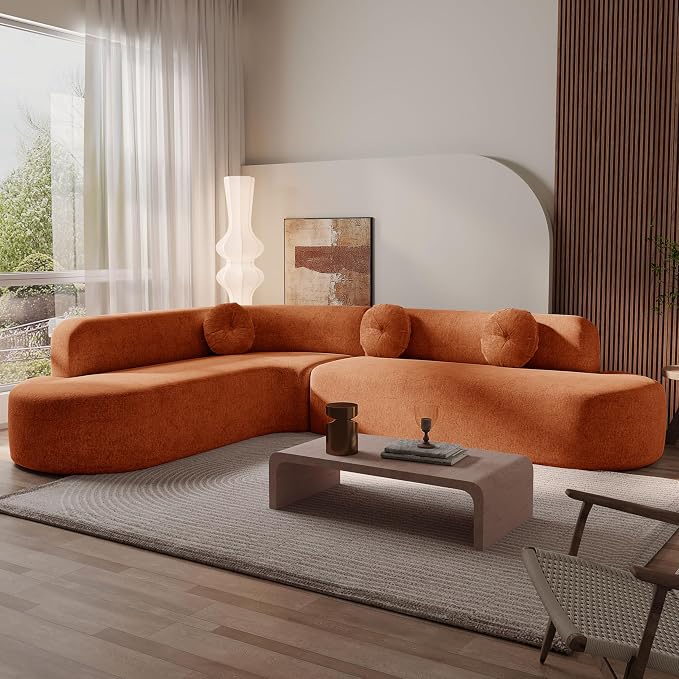 122'' Sectional Sofa, Fully Compressed Sponge,Elegant Curved Design with Three Round Cushions, Soft Fabric Upholstery, High-Resilience Foam for Ultimate Comfort, Orange