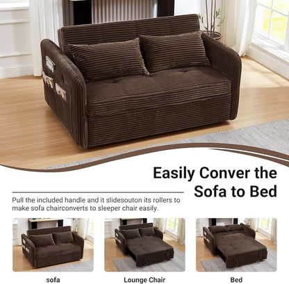 55.5" Corduroy Convertible Sofa Bed, Pull Out Sleeper Sofa Bed, Loveseat Couch with USB Charging Ports, 3 in 1 Convertible Sleeper Sofa Bed for Living Room, Apartment, Bedroom, RV, Brown