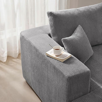 Living&Giving Sectional Couches for Living Room, 115" U Shaped Cloud Boneless Couch, Modular Sectional Sofa with Movable Ottoman, Modern Corduroy Sleeper Sofa for Bedroom, No Assembly Required, Gray